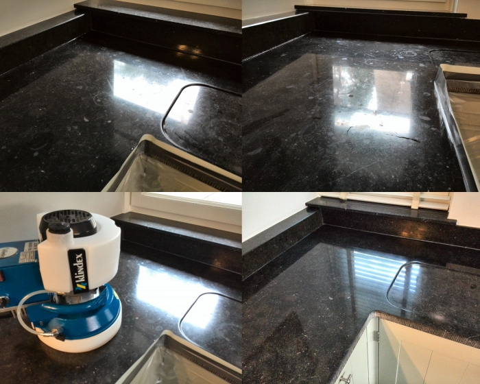 Het slijpen en polijsten van een terrazzo (granito) aanrechtblad